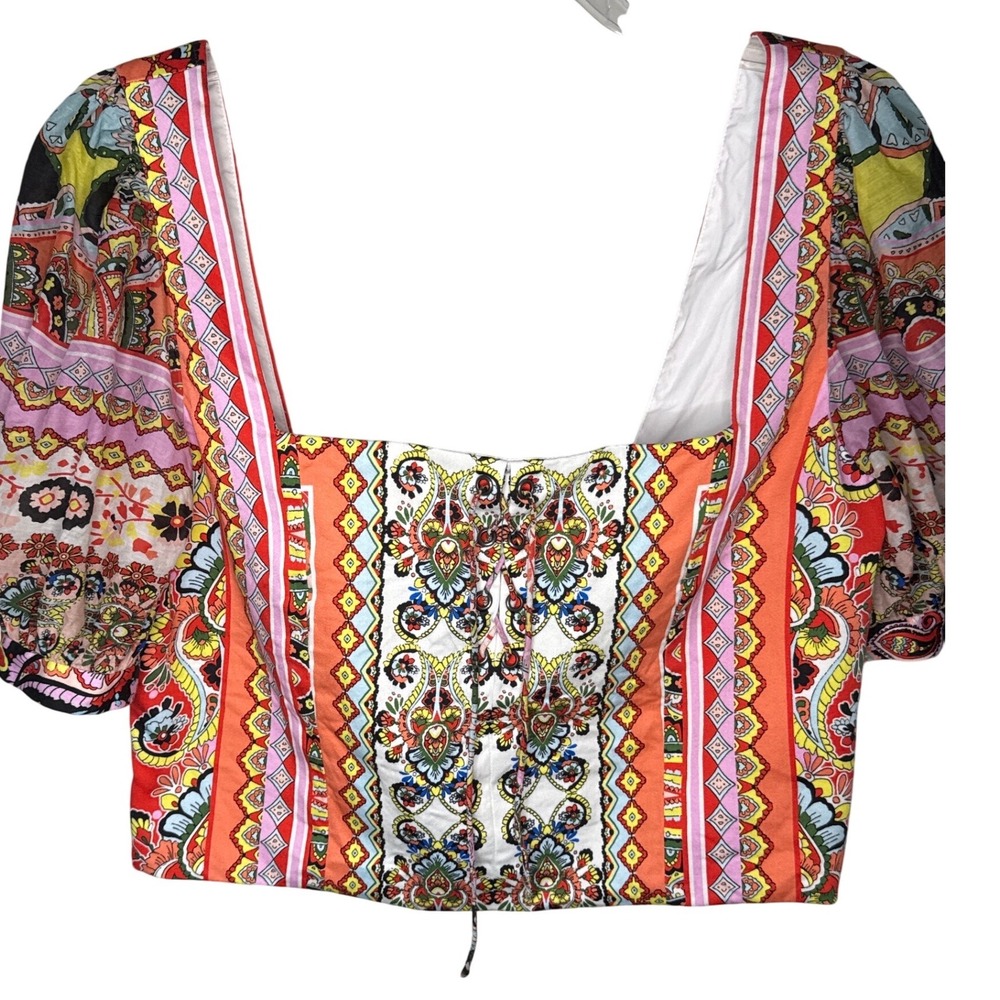 Alice + Olivia Margarite Tie-Front Puff-Sleeve Crop Top‎ Multi color & design L